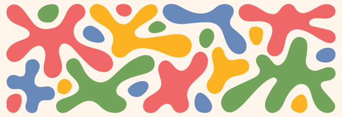 Poster - Liquid, organic blobs, blots, blotches, groovy doodle rounded shapes inscribed in a rectangle long banner shape. Colorful fluid trendy graphic design element, text background, header. Vector eps file.