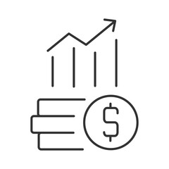 Poster - Profit growth line icon. Coins stack with rising arrow. Financial success achievement. Business development. Isolated vector illustration. Outline symbol. Simple linear drawing. Editable stroke