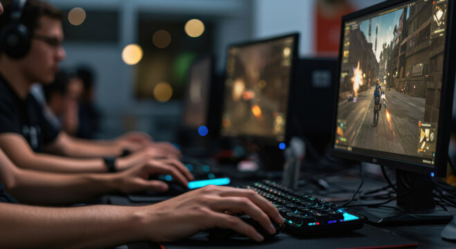 intense gaming session with focused players on computers in dark room. high-energy esports atmosphere captures excitement and teamwork within vibrant gaming community.