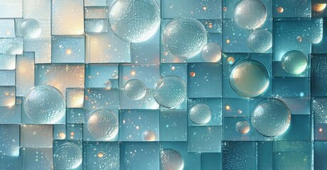 Poster - Abstract geometric pattern. Cubes, spheres, light interplay create textured visual experience. Cool tones dominate composition.