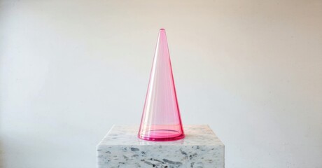 Aufkleber - Pink cone shaped glass object rests upon white marble pedestal. Minimalist studio shot, clean aesthetic, simple composition.
