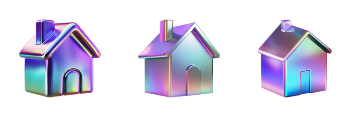 Poster - Colorful 3D House Icons Set. Futuristic Real Estate And Technology Collection Isolated On Transparent Background
