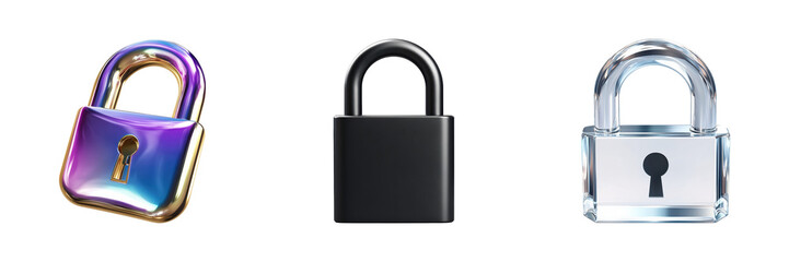 Poster - Colorful, Black, And Padlocks Set. Security And Privacy Concepts Collection Isolated On Transparent Background