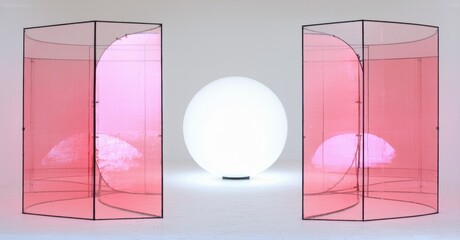 Poster - Minimalist installation features pink tinted glass cubes, soft clouds inside, bright sphere center. Clean aesthetic, modern art presentation.
