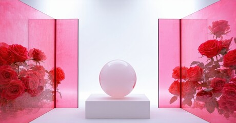 Poster - Minimalist setup features roses, sphere, white pedestal. Pink light creates symmetrical, modern aesthetic. Clean lines, soft shadows present.