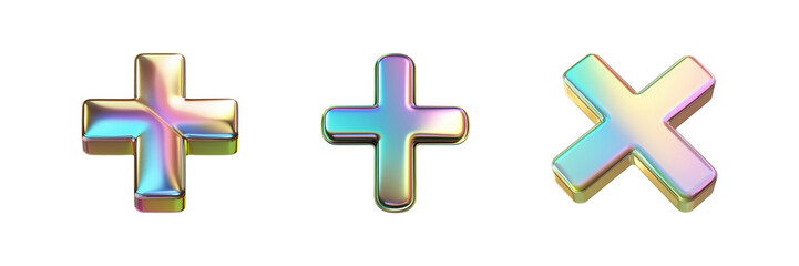 Poster - Holographic 3D Plus And Cross Symbols Set. Modern Design And Digital Art Collection Isolated On Transparent Background