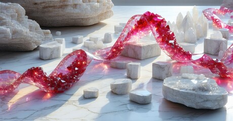 Aufkleber - Abstract crystal formations, vibrant pink liquid flowing over white marble surfaces. Light creates dramatic shadows, textures visible.
