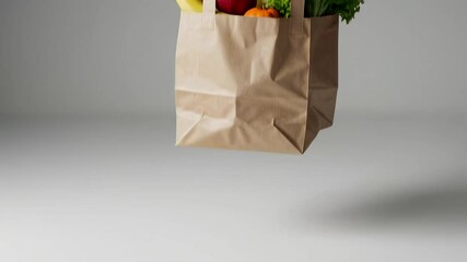 Poster - Recyclable brown paper bag with groceries including fresh fruits and vegetables falls. Then a customer picks it up against a seamless white background. Perfect for advertising or marketing campaigns