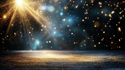 Poster - Golden spotlight illuminating glittery wooden celebratory stage, bokeh background generating soft theatrical ambiance