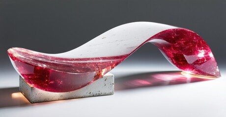 Poster - Sculpture features flowing form. Red, white hues blend, resting upon concrete base. Light creates dramatic shadow, texture.