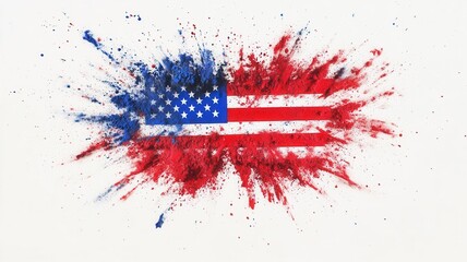 Aufkleber - Colorful powder explosion blending red, white, blue hues, dynamically forming patriotic american flag pattern on stark backdrop