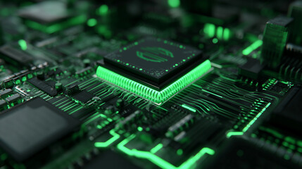 Fototapete - 3D green neon dark digital layout The motherboard