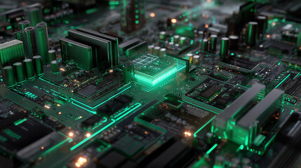 Fototapete - 3D green neon dark digital layout The motherboard