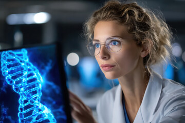 Poster - Scientist analyzes DNA structure in research lab at evening