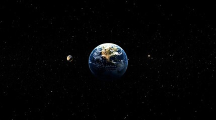 Poster - Rotating planet earth gliding through starry cosmos, lunar companion illuminating dark celestial expanse, revealing planetary beauty against infinite background