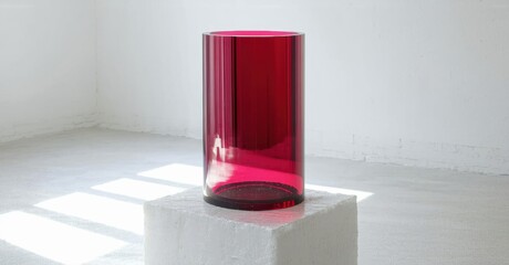 Aufkleber - Red cylindrical glass sculpture sits atop white pedestal. Light creates shadows, minimalist aesthetic, gallery space visible.