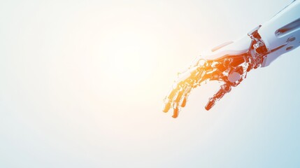 Poster - Robotic arm extends its metallic fingers towards a bright light source, symbolizing the advancement of artificial intelligence and its potential impact on the future
