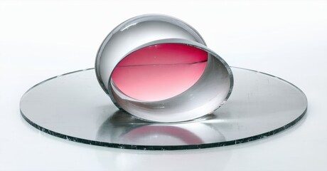 Poster - Glass sphere rests upon reflective surface. Red liquid inside creates striking visual contrast. Minimalist composition, clean studio lighting.