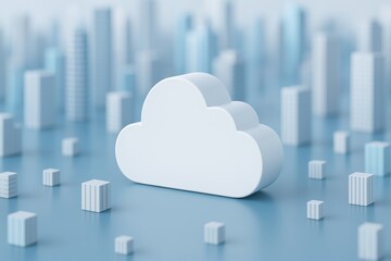 Fototapete - Cloud Computing Architecture: A minimalist rendering of a cloud icon amidst a network of interconnected structures.