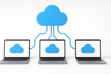 Fototapete - Cloud Computing Connectivity: The image depicts the essential concept of cloud computing, where individual laptops connect to a central data hub.