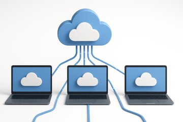 Fototapete - Cloud Computing Connectivity: Illustrative image showcasing interconnected laptops linked to a stylized cloud, representing data sharing and the power of cloud computing in the digital age.