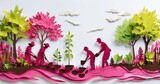 Papercraft illustration depicts people planting trees. Lush greenery, pink hues dominate landscape. Teamwork, environment focus evident.