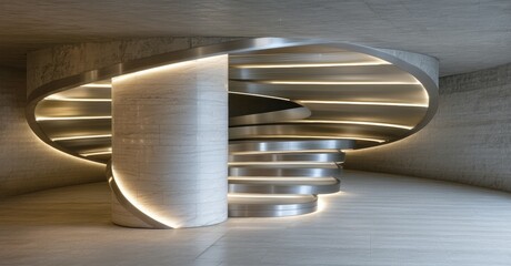 Poster - Minimalist interior features spiral staircase. Concrete walls, soft lighting create modern aesthetic. Clean lines, geometric shapes dominate space.