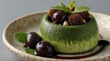 Postre de matcha con cerezas negras y menta en cuenco artesanal, fotografía gastronómica macro, Mousse anillo de té verde matcha con bizcocho de cacao glaseado y hojas de menta fresca