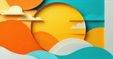 Poster - Abstract papercraft landscape. Warm colors dominate, depicting sun, clouds, hills. Minimalist style, flat design, pleasing composition.