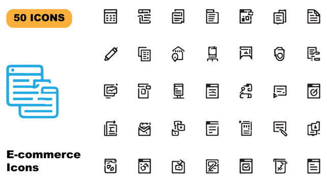 Collection of 50 e-commerce icons representing various online business elements in modern style