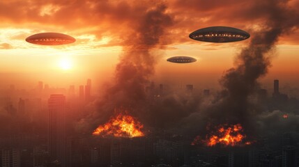 Poster - Three unidentified flying objects are hovering over a burning city at sunset, causing destruction and chaos in a dramatic alien invasion scene
