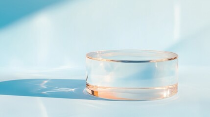 Poster - Clear glass container casting shadows on a light blue surface during morning sunlight