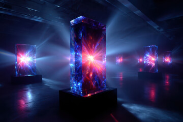 Poster - Colorful light exhibition features abstract structures in darkened gallery space