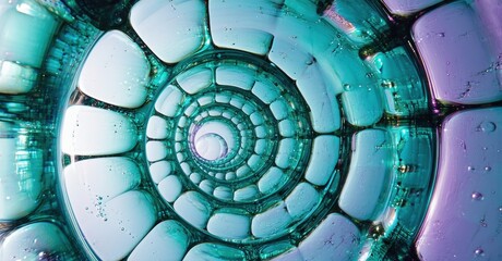 Poster - Abstract spiral pattern. Bubbles create iridescent, swirling design. Vivid blues, purples dominate composition. Macro photography.