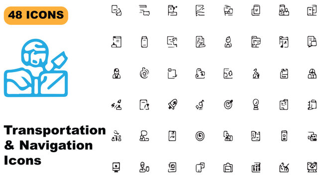 Collection of 48 illustrated transportation and navigation icons for infographics and design projects