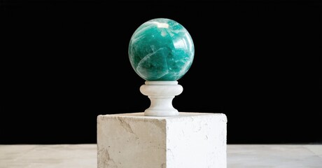 Poster - Green sphere rests atop white pedestal, stone base. Minimalist composition, dark background creates contrast, elegant display.