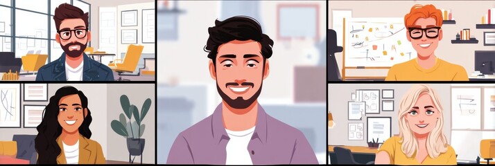 Poster - Remote Team Video Call Featuring Diverse Avatars With a Collaborative Whiteboard Background During a Virtual Meeting