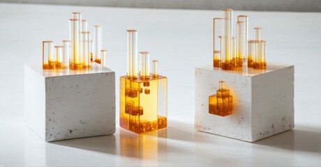Poster - Concrete bases support amber glass cylinders. Minimalist design, studio lighting, modern art installation. Warm tones dominate composition.