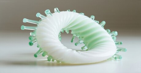 Aufkleber - Glass sculpture, swirling form. Pale green, white hues create organic texture. Delicate spikes extend outward, soft lighting highlights curves.