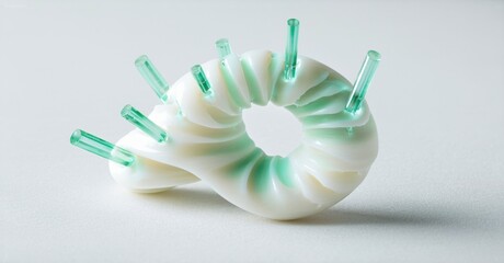Aufkleber - Abstract sculpture. Twisted form, pale green stripes, translucent spikes. Minimalist design, studio lighting, clean background. Modern art piece.