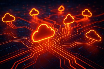 Fototapete - Cloud Computing Network: Illustrative image of a cloud computing network. Depicting a series of glowing.
