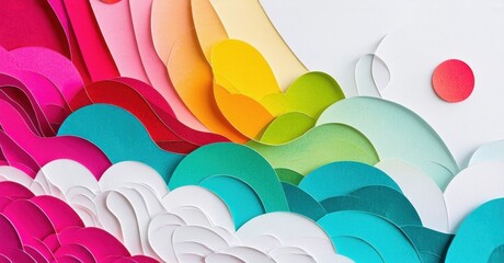 Aufkleber - Colorful paper layers create abstract waves, sky. Bright hues blend, forming dynamic composition. Minimalist style, soft shadows present.