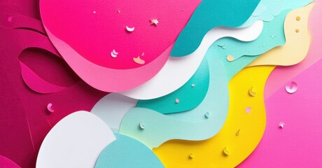 Aufkleber - Abstract paper layers create flowing shapes. Pink, yellow, turquoise colors dominate composition. Stars, moons add whimsical touch.
