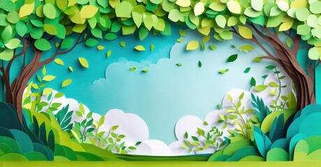 Poster - Papercraft forest scene. Lush greenery, blue sky visible through trees. Peaceful, vibrant composition evokes natures beauty.