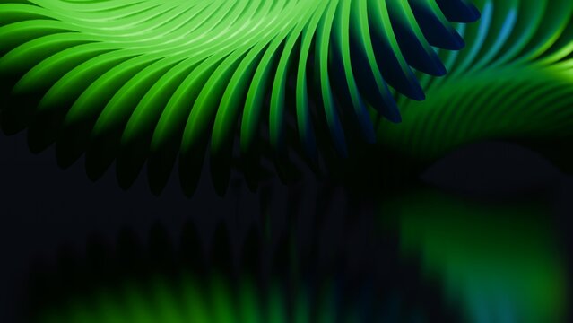 Abstract background with motion graphics of green spiral waves in shade. 3D rendering of green blurred spiral lines