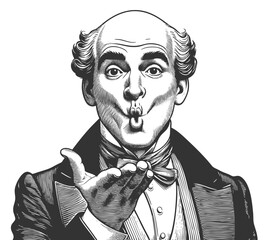 Wall Mural - funny bald victorian man puckering his lips and blowing a kiss with a humorous expression sketch eng