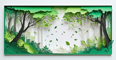 Poster - Papercraft forest scene. Layers create depth, showcasing trees, foliage, light filtering through branches. Peaceful, serene composition.
