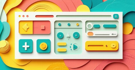 Poster - Colorful paper layers form interface elements. Buttons, sliders, controls suggest digital design, user experience focus. Bright hues create playful aesthetic.