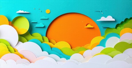 Leinwandbilder - Papercraft landscape. Bright colors create whimsical sky, clouds, hills. Orange sun dominates composition, offering cheerful vibe.