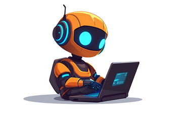 Poster - Cartoon robot with headphones working on a laptop in a clean, modern workspace